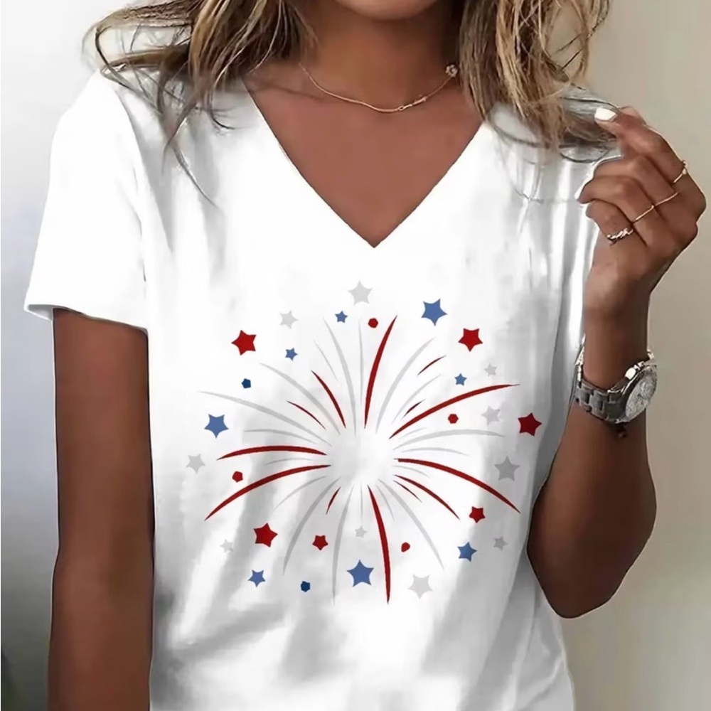 Women's White V-Neck Tee with Red & Blue Firework Star Print